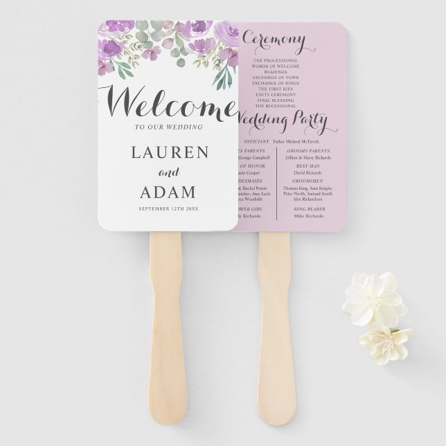 Éventail Programme de mariage floral Boho Eucalyptus Rose (Devant et derrière)