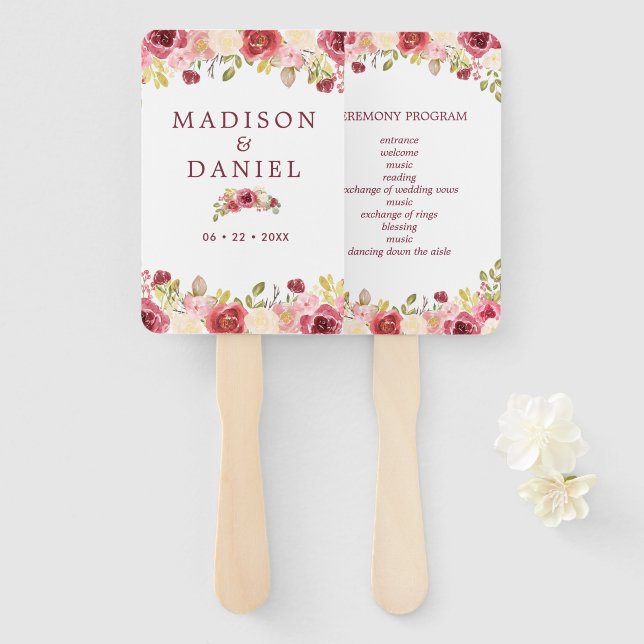 Éventail Programme de mariage floral bordeaux (Devant et derrière)