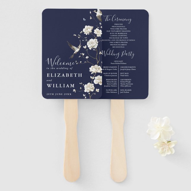 Éventail Programme de mariage floral chinoiserie bleu marin (Devant et derrière)