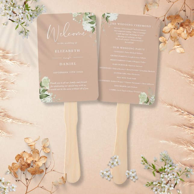 Éventail Programme de mariage floral couleur taupe avec feu (Tan Floral Greenery Wedding Program Hand Fan)