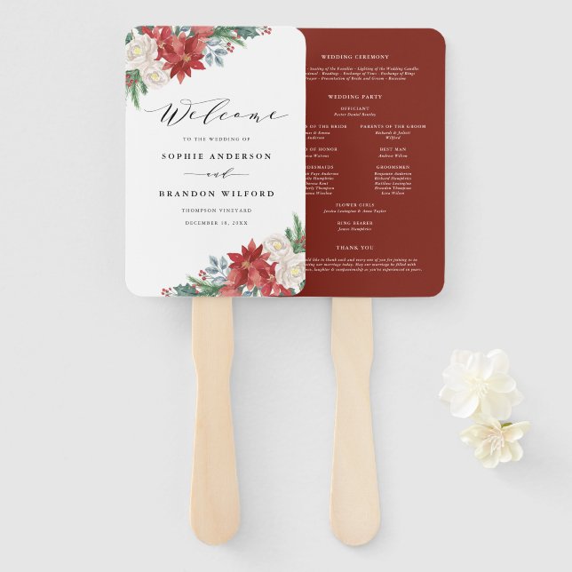 Éventail Programme de mariage floral de Noël à l'aquarelle  (Devant et derrière)