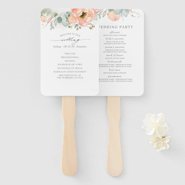 Éventail Programme de mariage floral de pêche (Devant et derrière)