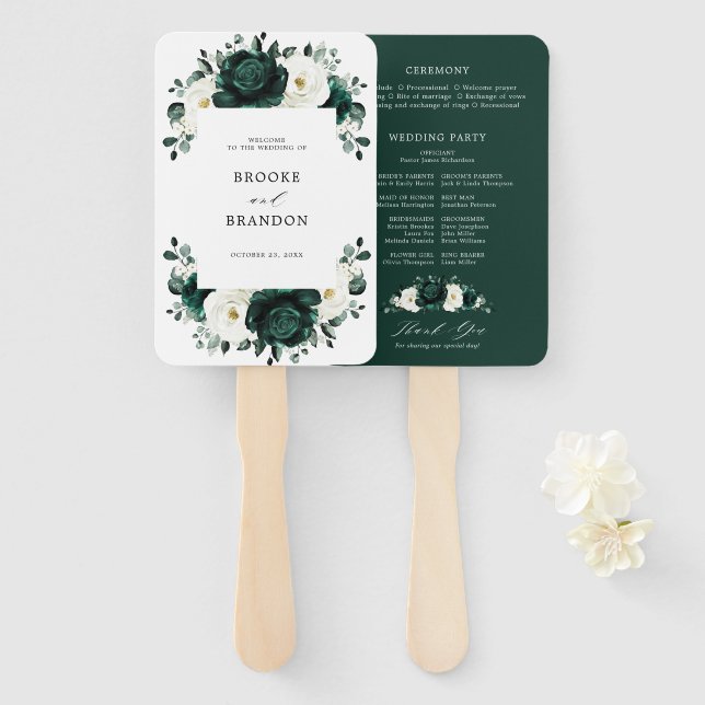 Éventail Programme de mariage floral d'eucalyptus à la verd (Devant et derrière)