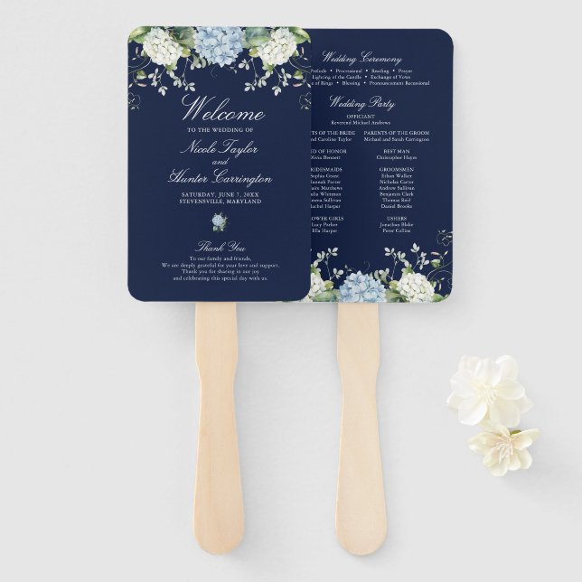 Éventail Programme de mariage floral d'hydrangea bleu marin (Devant et derrière)