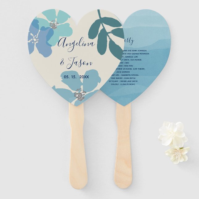 Éventail Programme de mariage Floral Dusty Blue (Devant et derrière)