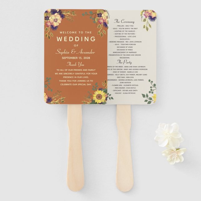 Éventail Programme de mariage floral élégant (Devant et derrière)