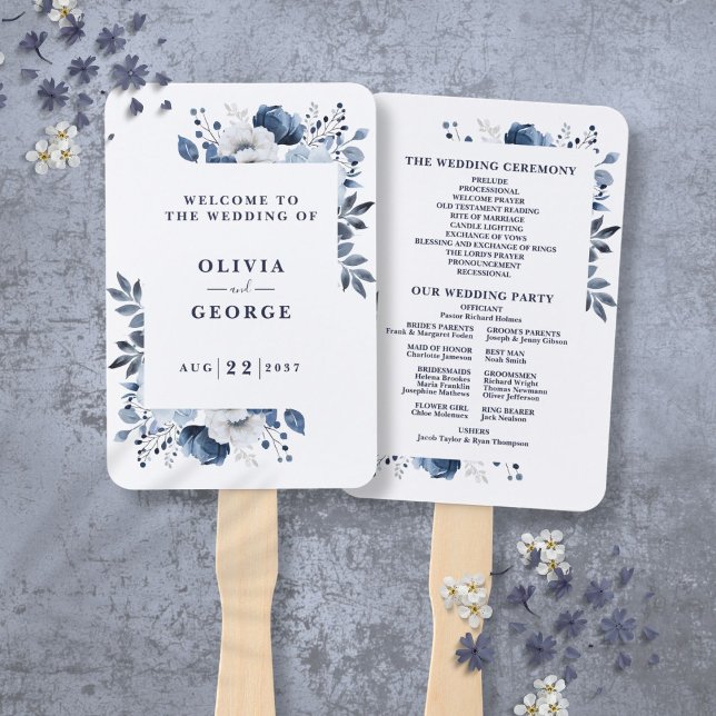 Éventail Programme de mariage floral élégant bleu marine (Navy Blue Elegant Floral Wedding Program Hand Fan)