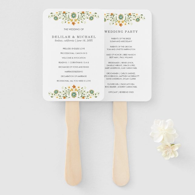 Éventail Programme de mariage floral élégant simple (Devant et derrière)