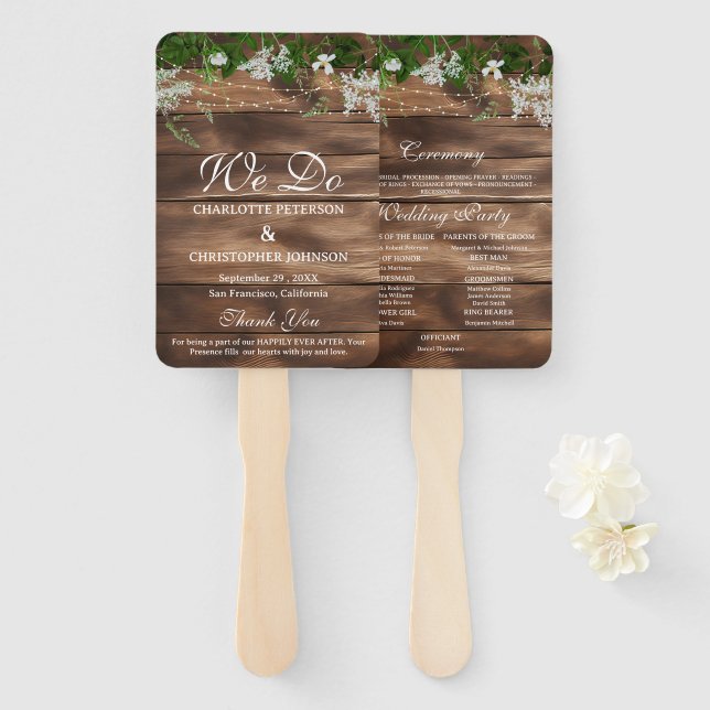 Éventail Programme de mariage floral en bois de grange rust (Devant et derrière)
