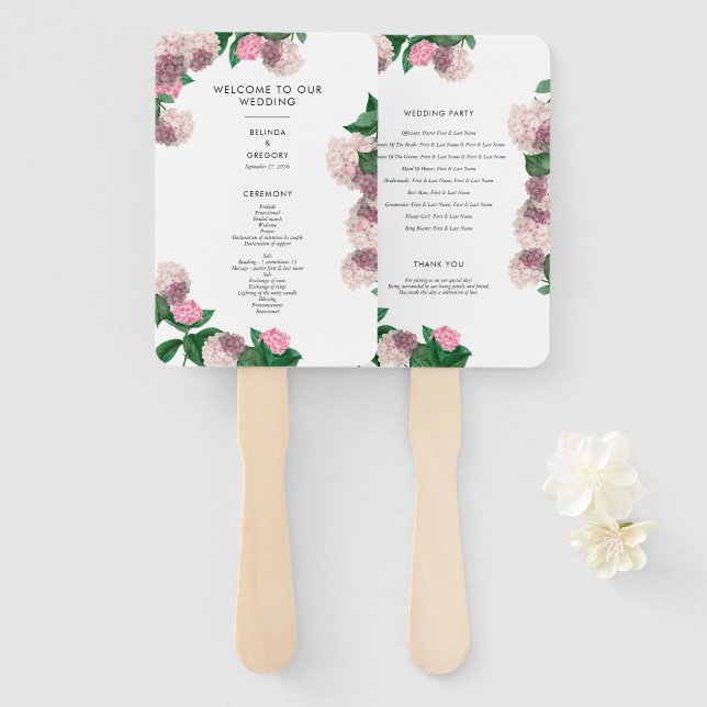 Éventail Programme de mariage floral en verdure d'hortensia (Devant et derrière)