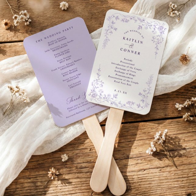 Éventail Programme de mariage floral français à la lavande  (Lavender wedding program fan with vintage French chinoiserie floral elements)