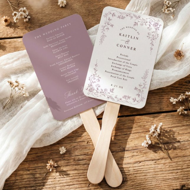 Éventail Programme de mariage floral français Rose Poussiér (Dusty rose mauve wedding program fan with vintage French chinoiserie floral frame)