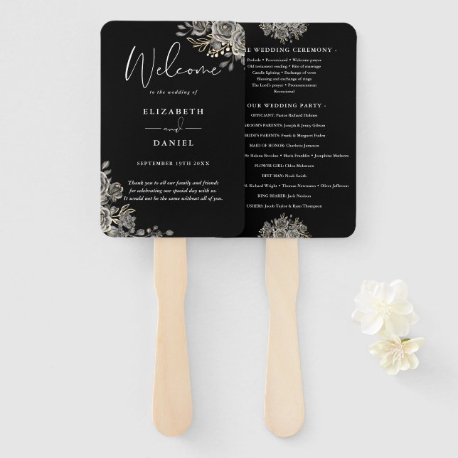Éventail Programme de mariage floral gothique noir et blanc (Devant et derrière)