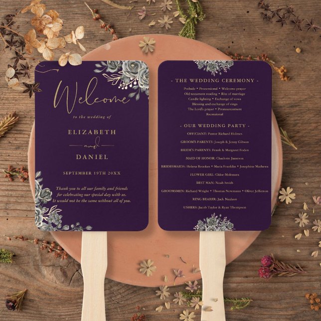 Éventail Programme De Mariage Floral Gothique Purple Et Or (Purple And Gold Gothic Floral Wedding Program Hand Fan)
