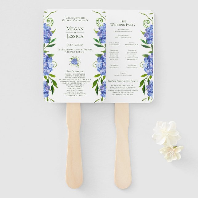 Éventail Programme de mariage floral Hydrangeas Bleues LGBT (Devant et derrière)