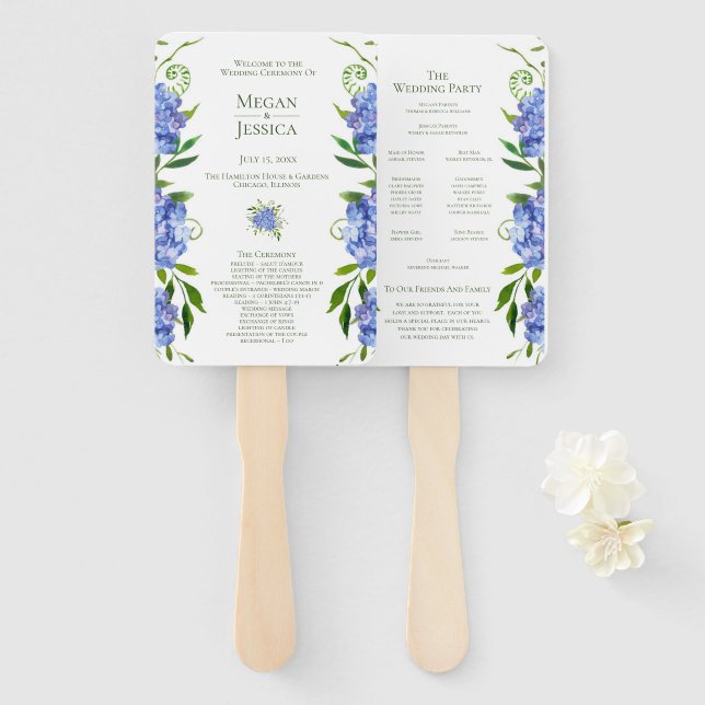 Éventail Programme de mariage floral LGBTQ Blue Hydrangeas (Devant et derrière)