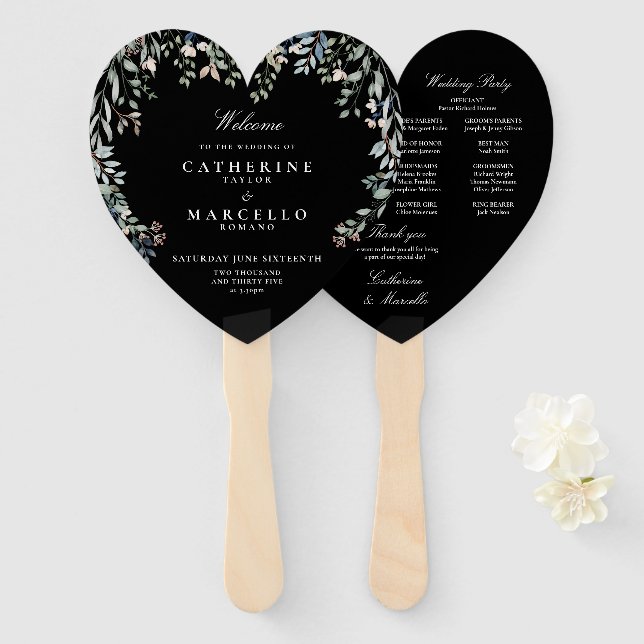 Éventail Programme de mariage floral noir et blanc (Devant et derrière)