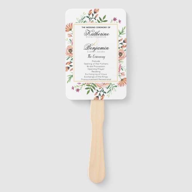 Éventail Programme de mariage floral pêche (Devant)