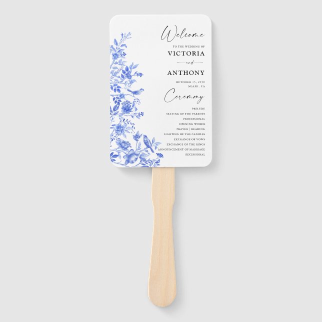 Éventail Programme de mariage floral Porcelaine Bleue (Devant)