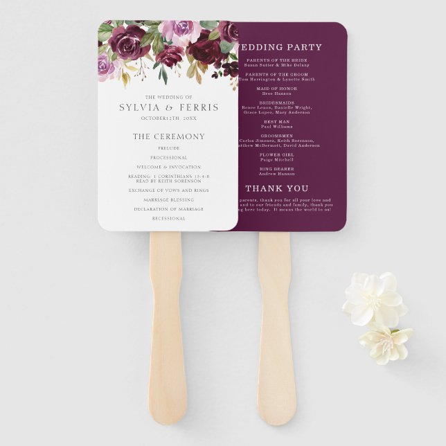 Éventail Programme de mariage floral pourpre Elegant Plum (Devant et derrière)