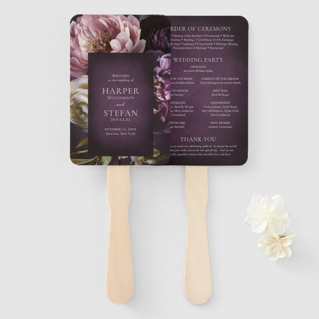 Éventail Programme de mariage floral pourpre maximaliste él (Devant et derrière)