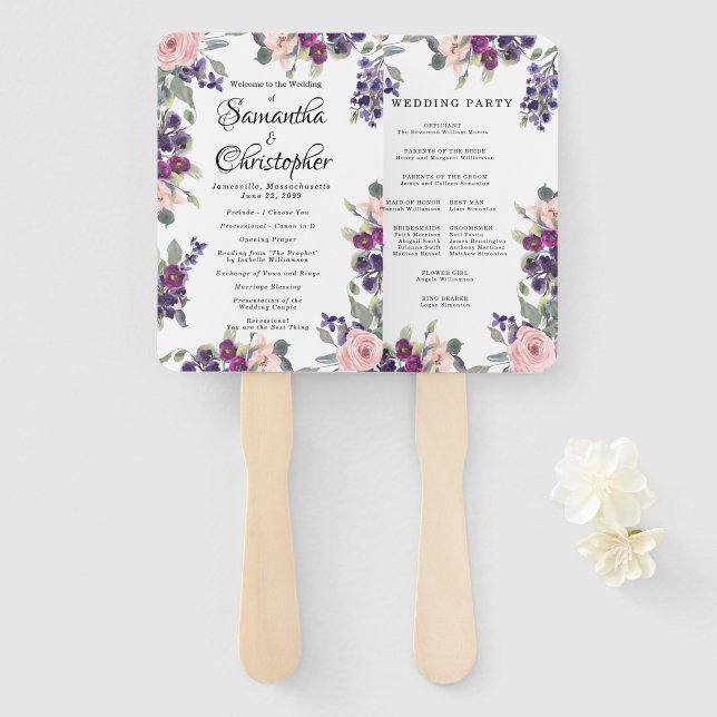 Éventail Programme de mariage floral PPInk et violet Ventil (Devant et derrière)