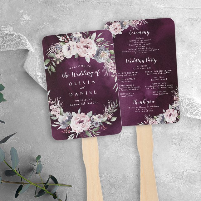Éventail Programme de mariage floral prune et boho rose pou (Plum & dusty pink boho floral wedding program hand fan)