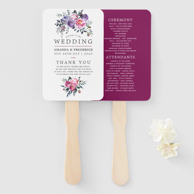 Éventail Programme de mariage floral prune et rose (Devant et derrière)