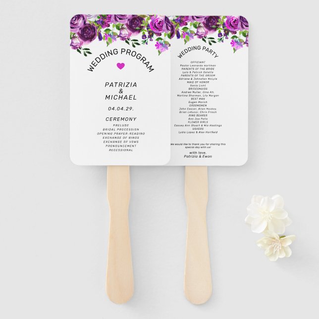 Éventail Programme de mariage floral rose aquarelle romanti (Devant et derrière)