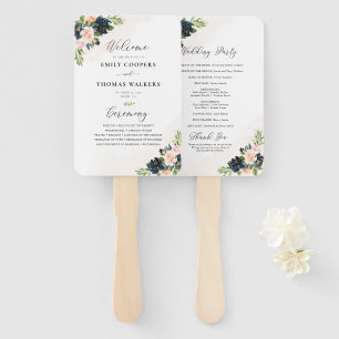 Éventail Programme de mariage floral rose et bleu marine
