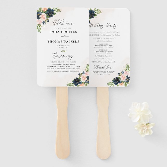 Éventail Programme de mariage floral rose et bleu marine (Devant et derrière)