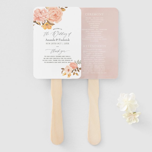 Éventail Programme de mariage floral rose et or (Devant et derrière)