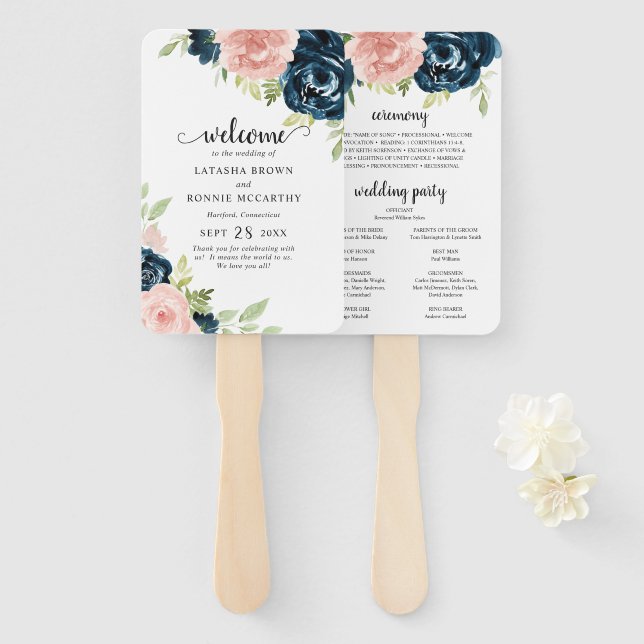 Éventail Programme de mariage floral rose poudré et bleu ma (Devant et derrière)