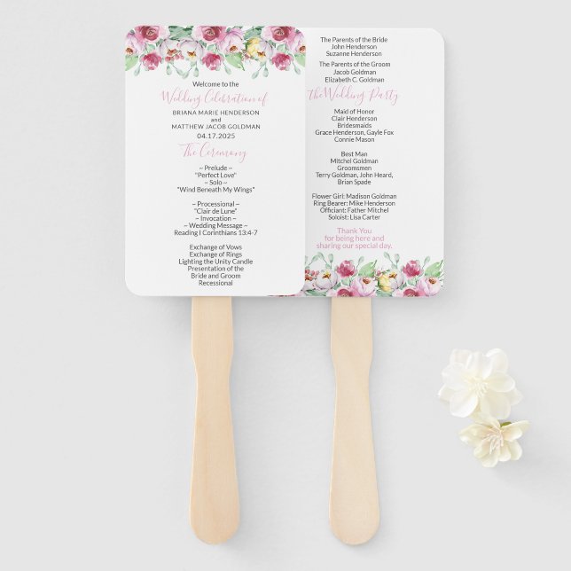 Éventail Programme de mariage floral rose Ventilateur à mai (Devant et derrière)