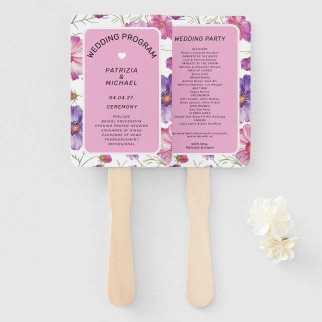 Éventail Programme de mariage floral rose violet moderne (Devant et derrière)
