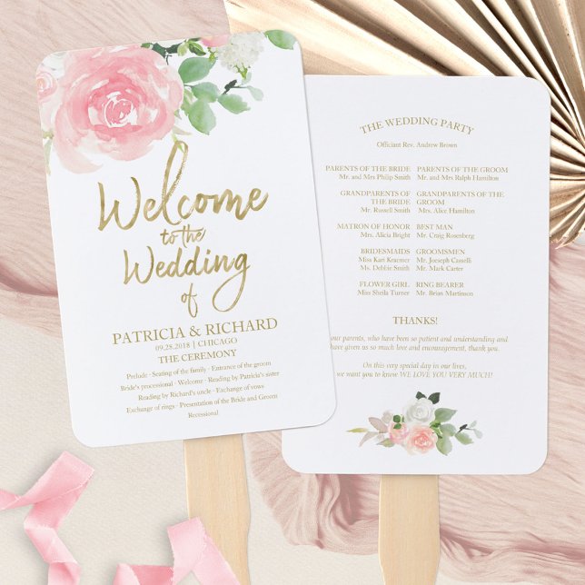 Éventail Programme de mariage floral roses blush or (Créateur téléchargé)