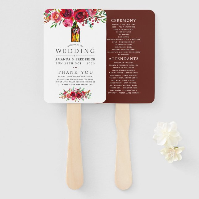 Éventail Programme de mariage floral rouge Bourgogne et ros (Devant et derrière)