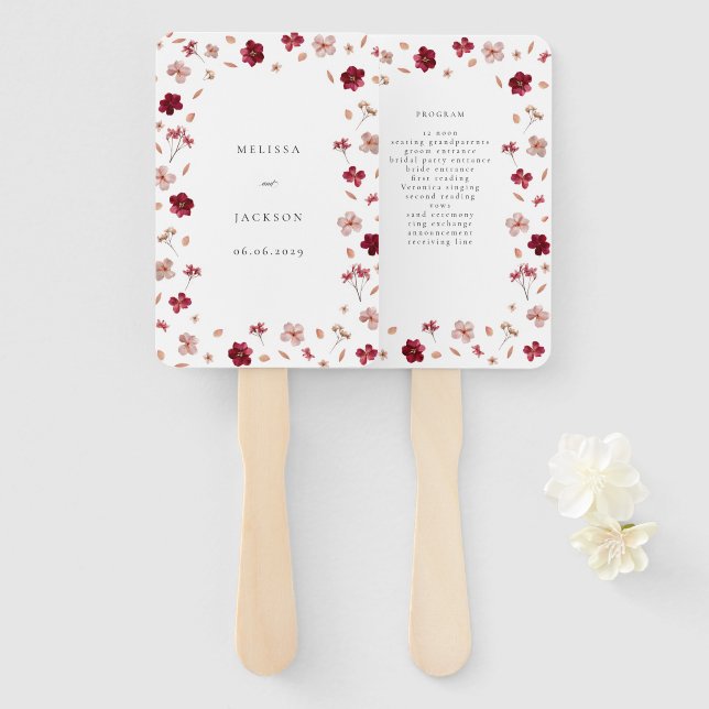 Éventail Programme de mariage floral rouge, rose et crème p (Devant et derrière)