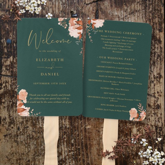 Éventail Programme de mariage floral rustique émeraude et o (Emerald And Gold Rustic Floral Wedding Program Hand Fan)