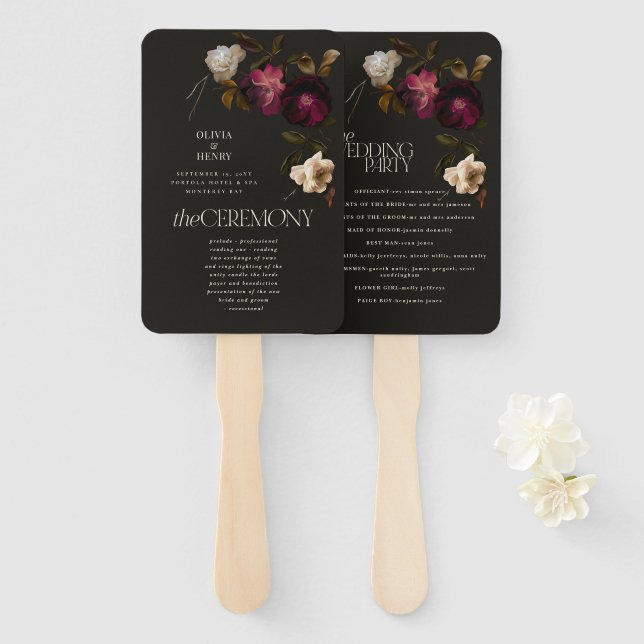 Éventail Programme de mariage floral sombre élégant bordeau (Devant et derrière)