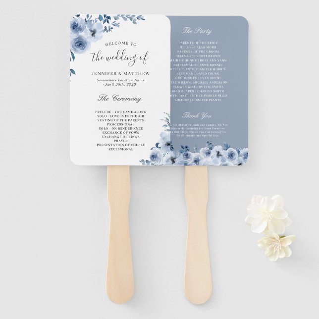 Éventail Programme de mariage floral tendance Dusty Bleu Bo (Devant et derrière)
