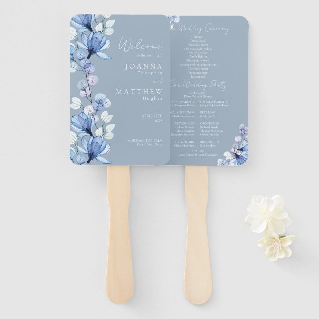 Éventail Programme de mariage floral transparent bleu pouss (Devant et derrière)