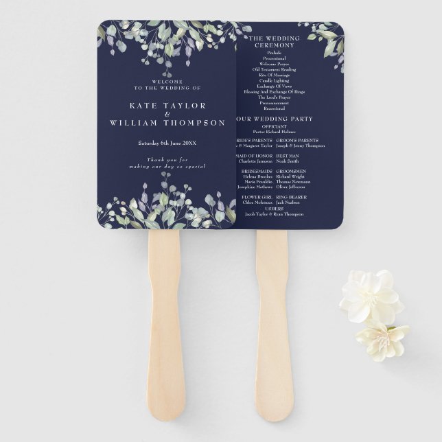 Éventail Programme de mariage floral verdure bleu marine (Devant et derrière)