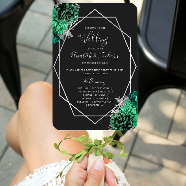 Éventail Programme de mariage floral vert émeraude argent n (Créateur téléchargé)