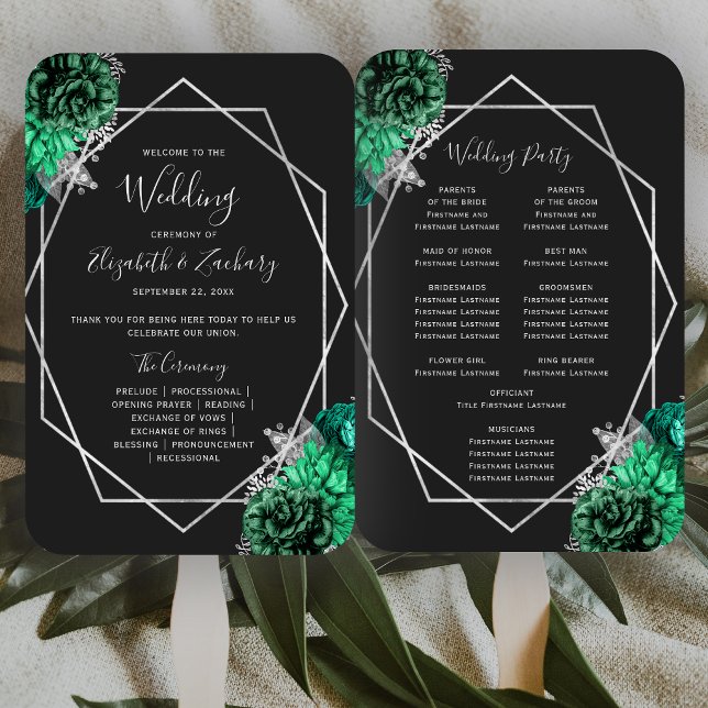 Éventail Programme de mariage floral vert émeraude argent n (Créateur téléchargé)