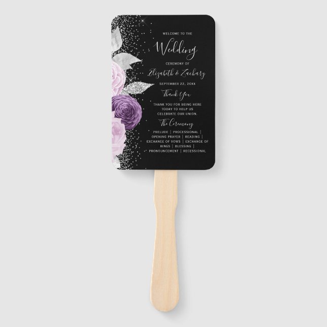 Éventail Programme de mariage floral violet argent noir (Devant)