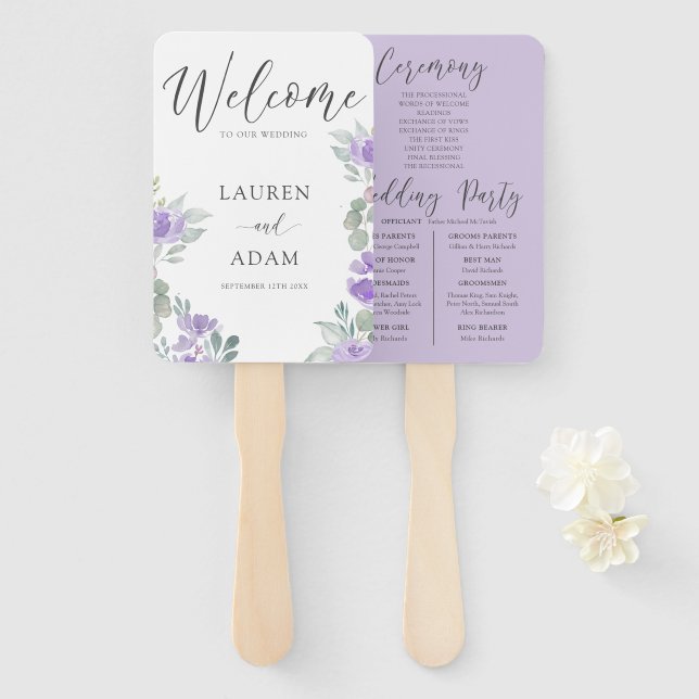 Éventail Programme de mariage floral violet moderne (Devant et derrière)