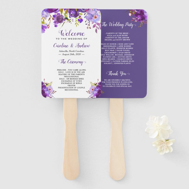 Éventail Programme de mariage floral violet ultra violet (Devant et derrière)