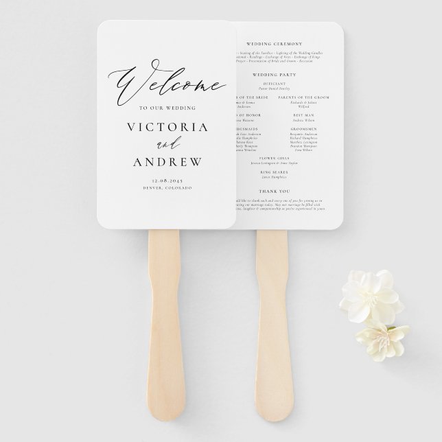 Éventail Programme de mariage formel à typographie simple n (Devant et derrière)