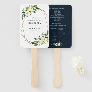 Éventail Programme de mariage géométrique à fleurs blanches